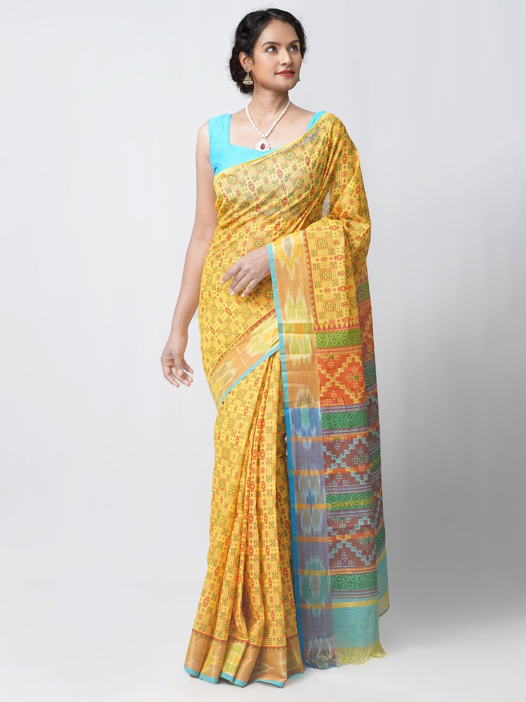 

Unnati Silks Yellow & Green Ethnic Motifs Pure Cotton Mangalagiri Saree