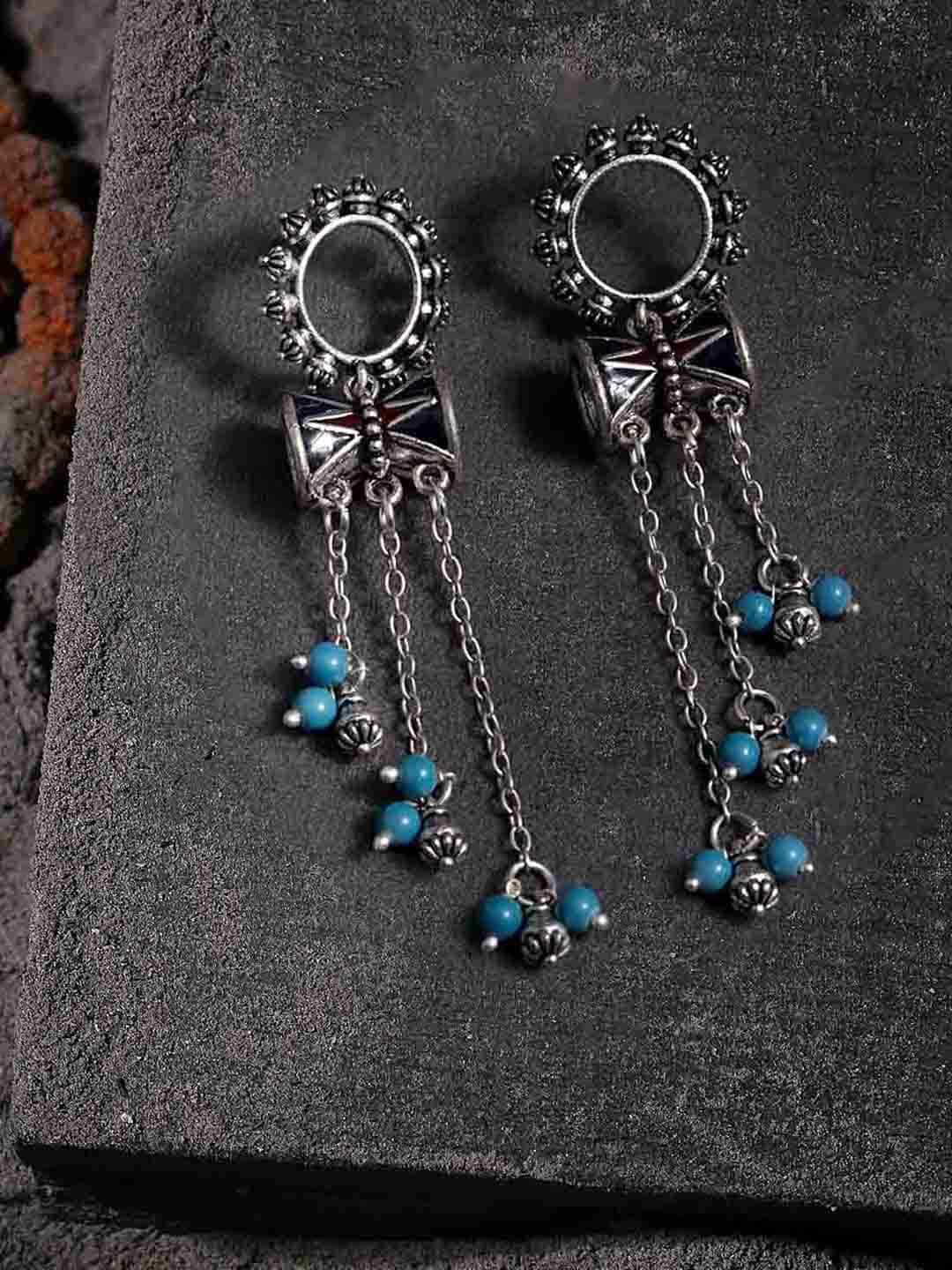 

Voylla Blue Silver-Plated Geometric Drop Earrings