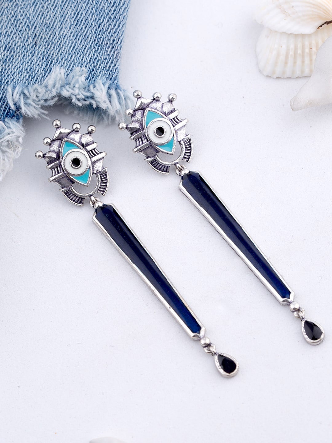 

Voylla Silver-Plated & Blue Geometric Drop Earrings