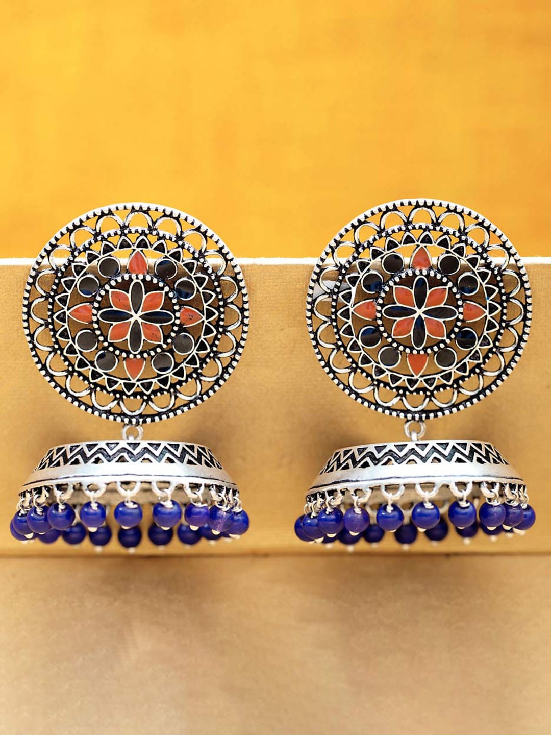 

Voylla Navy Blue & Silver-Plated Dome Shaped Jhumka Earrings