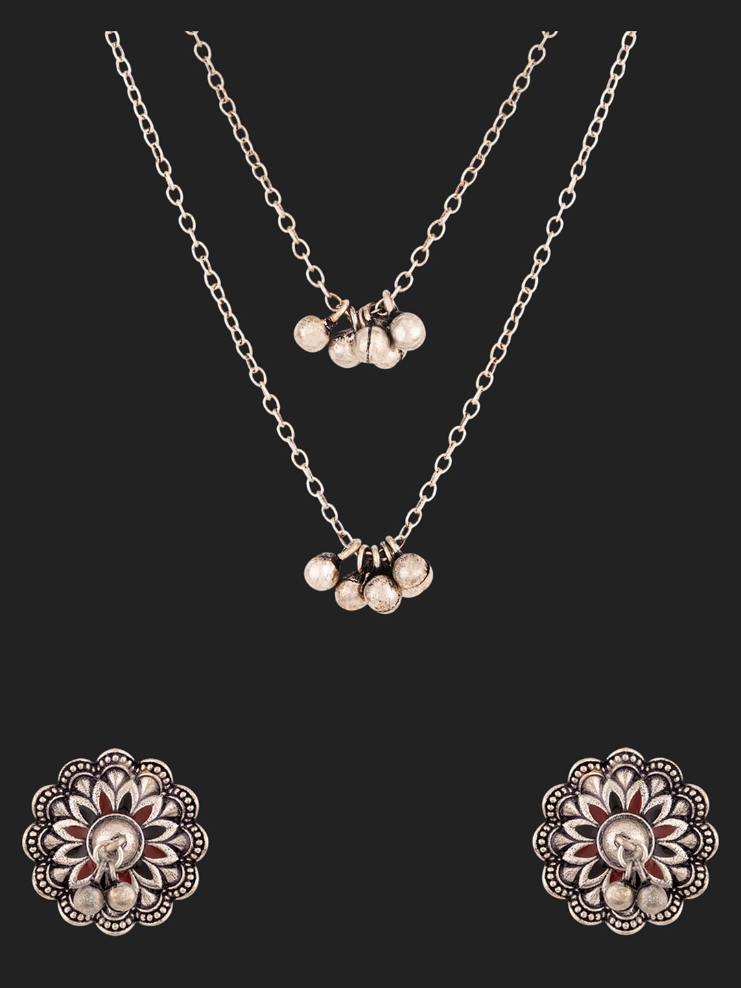 

Voylla Silver-Plated Chain With Floral Stud Earrings