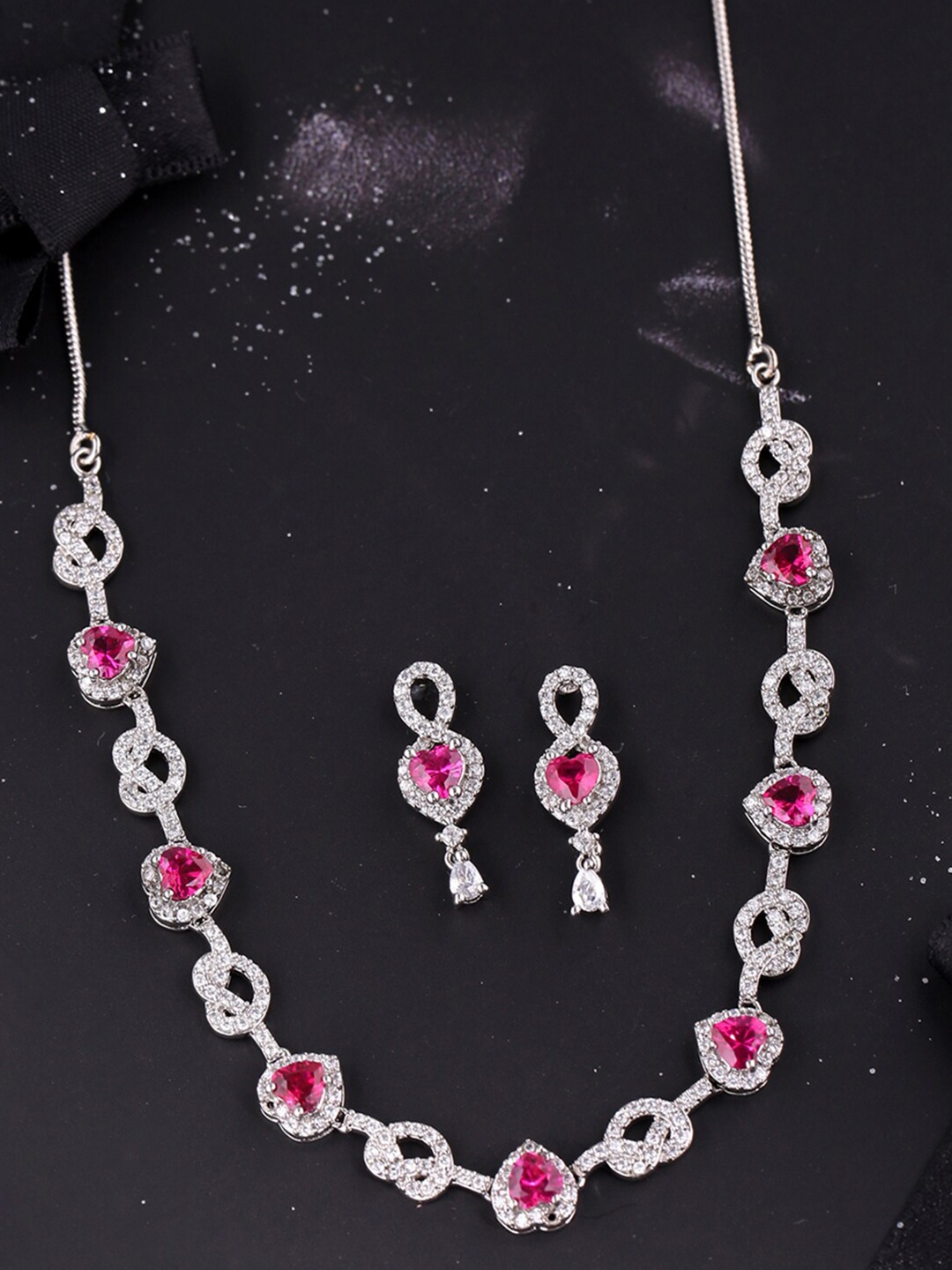 

Voylla Silver-Plated Pink Brass Enamelled Necklace & Earrings