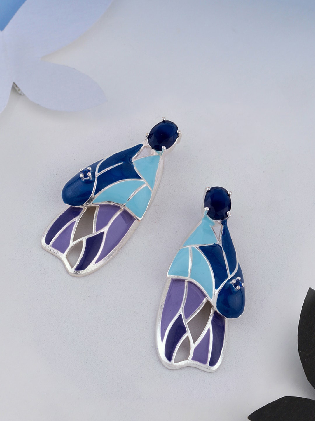 

Voylla Blue & Violet Silver-Plated Geometric Drop Earrings