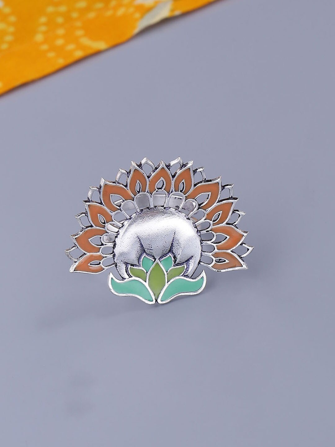 

Voylla Oxidized Silver-Plated Orange & Green Bagh E Fiza Floral Finger Ring