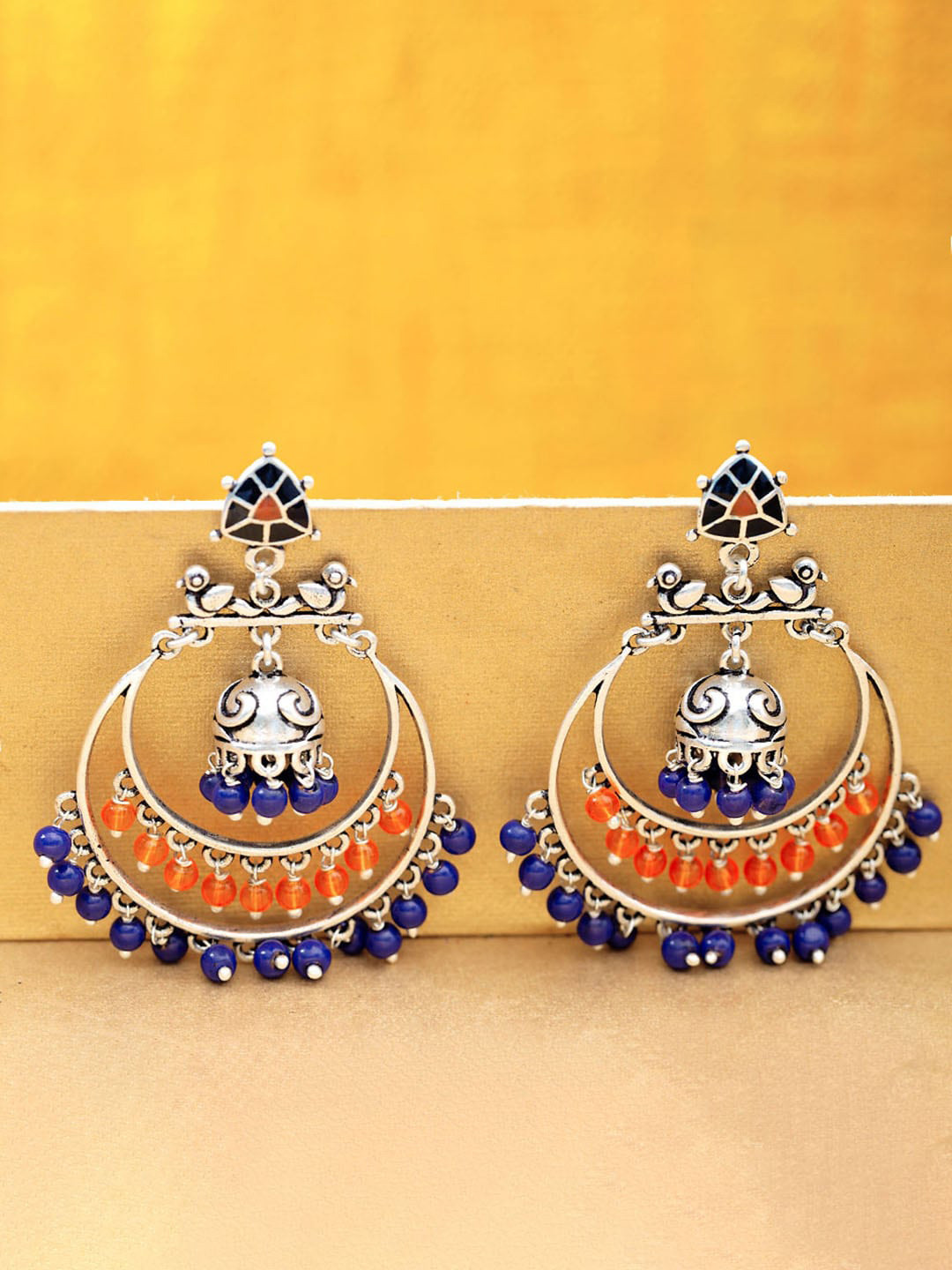 

Voylla Oxidised Silver-Plated Blue & Orange Crescent Shaped Chandbalis Earrings
