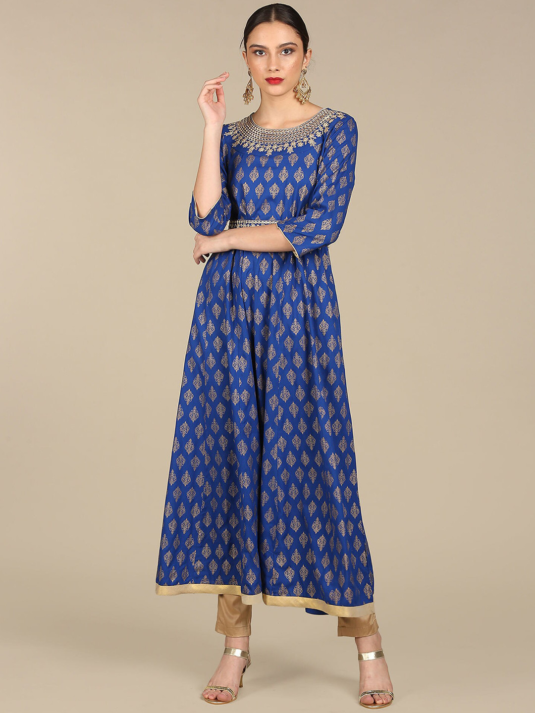

Anahi Women Blue Ethnic Motifs Printed Round Neck Three Quarter Sleeve Anarkali Kurta