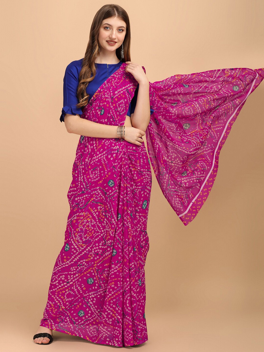 

Sangria Pink & Blue Bandhani Print Saree