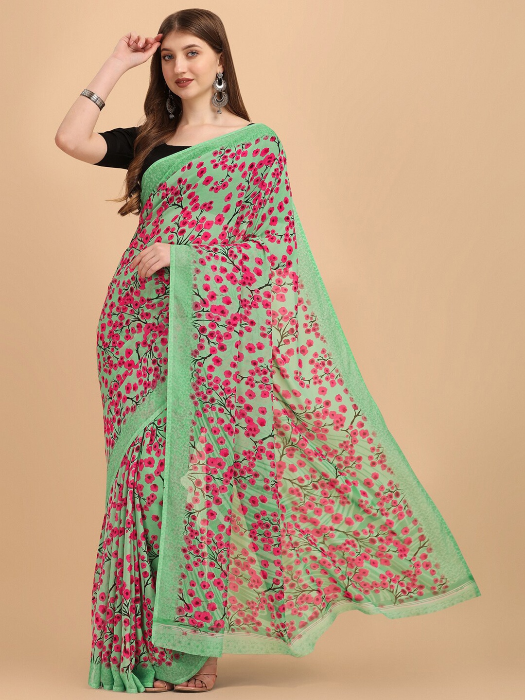 

Sangria Green & Magenta Floral Poly Georgette Saree
