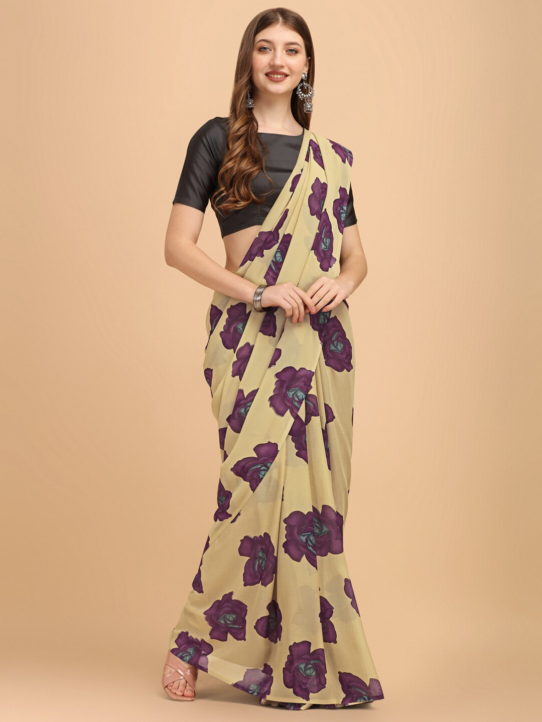 

Sangria Beige & Purple Floral Printed Georgette Saree