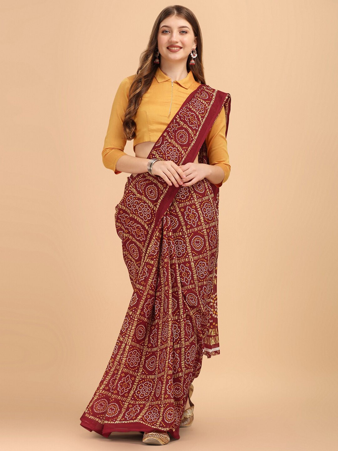 

Sangria Maroon & Yellow Bandhani Print Saree