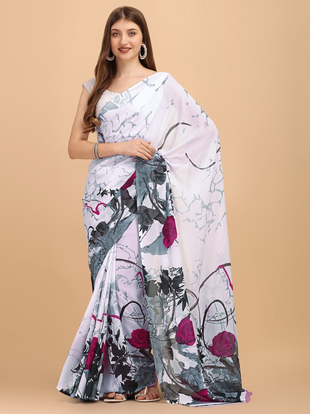

Sangria White & Pink Floral Georgette Saree