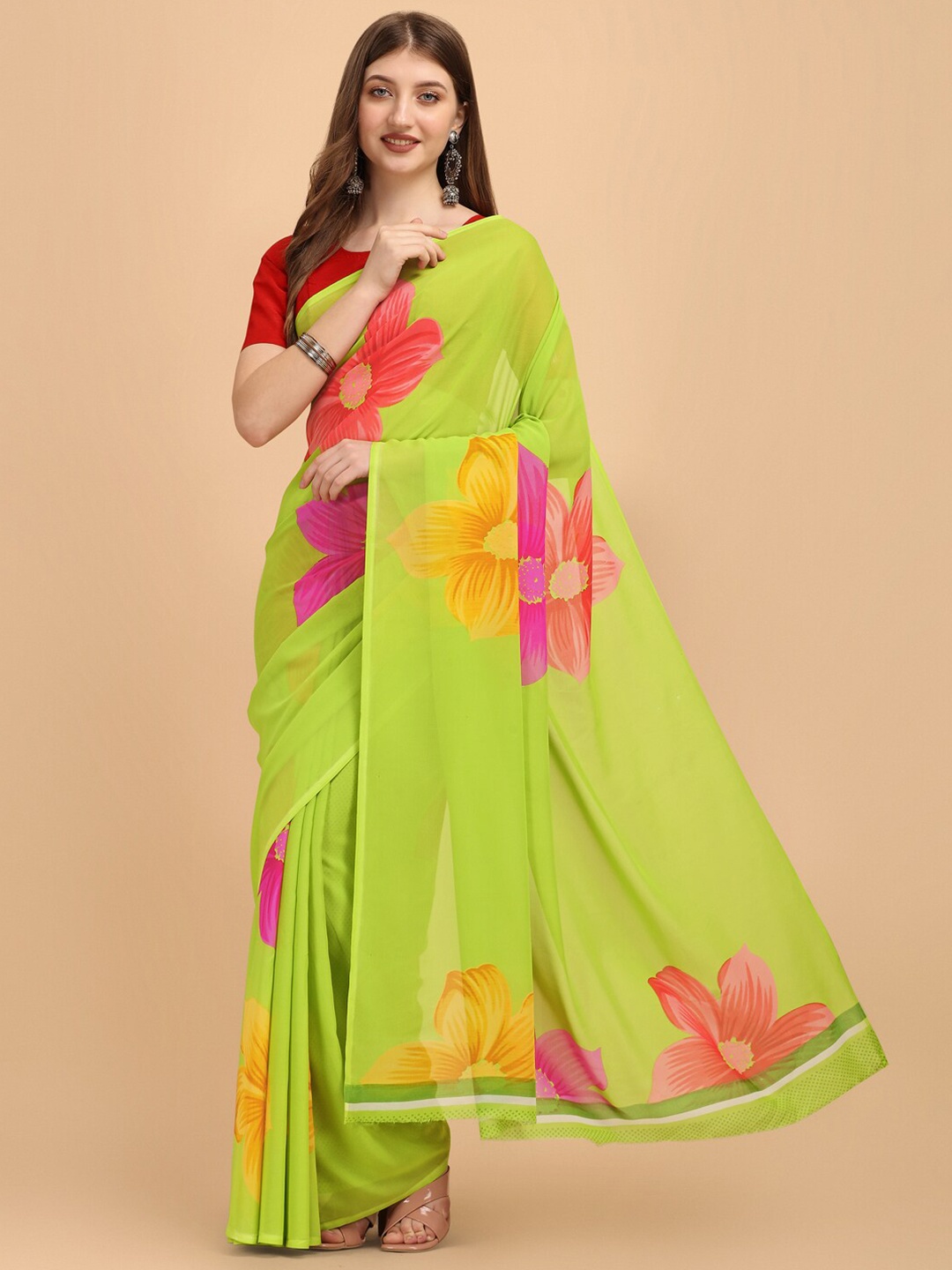 

Sangria Green & Red Floral Print Saree