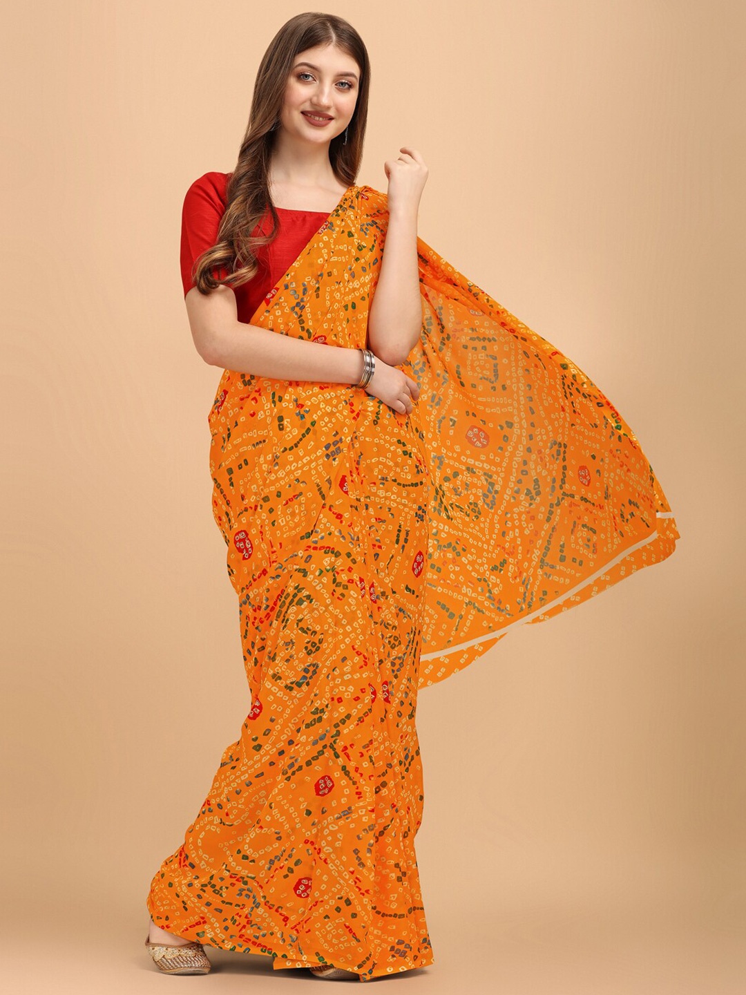 

Sangria Mustard & Green Bandhani Poly Georgette Saree