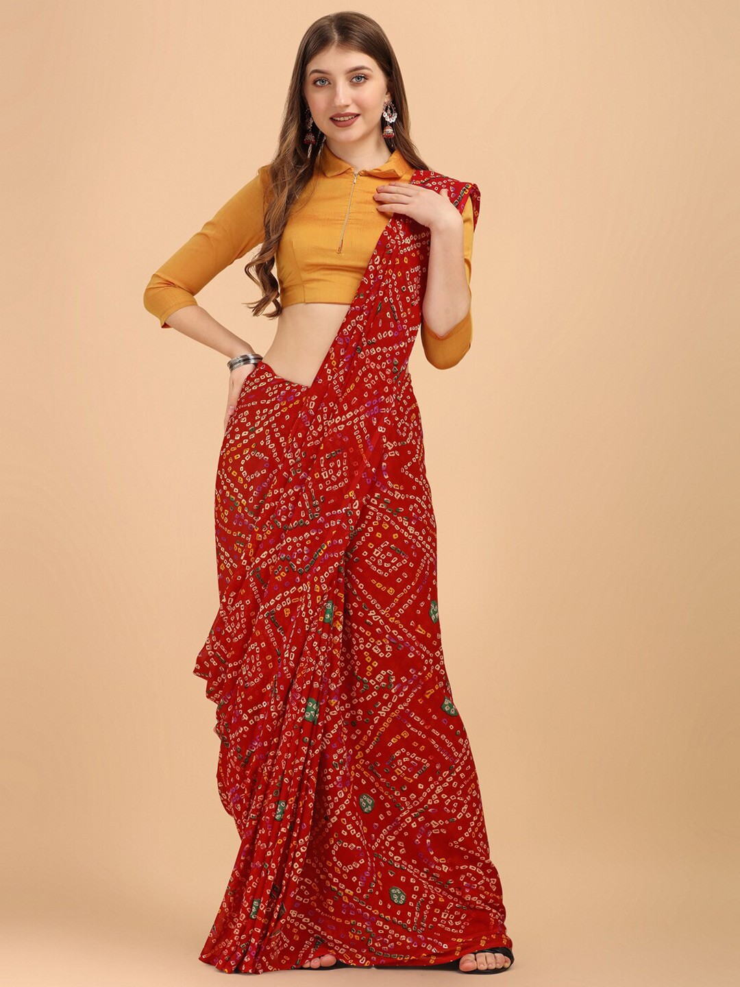

Sangria Red & Green Bandhani Printed Georgette Saree