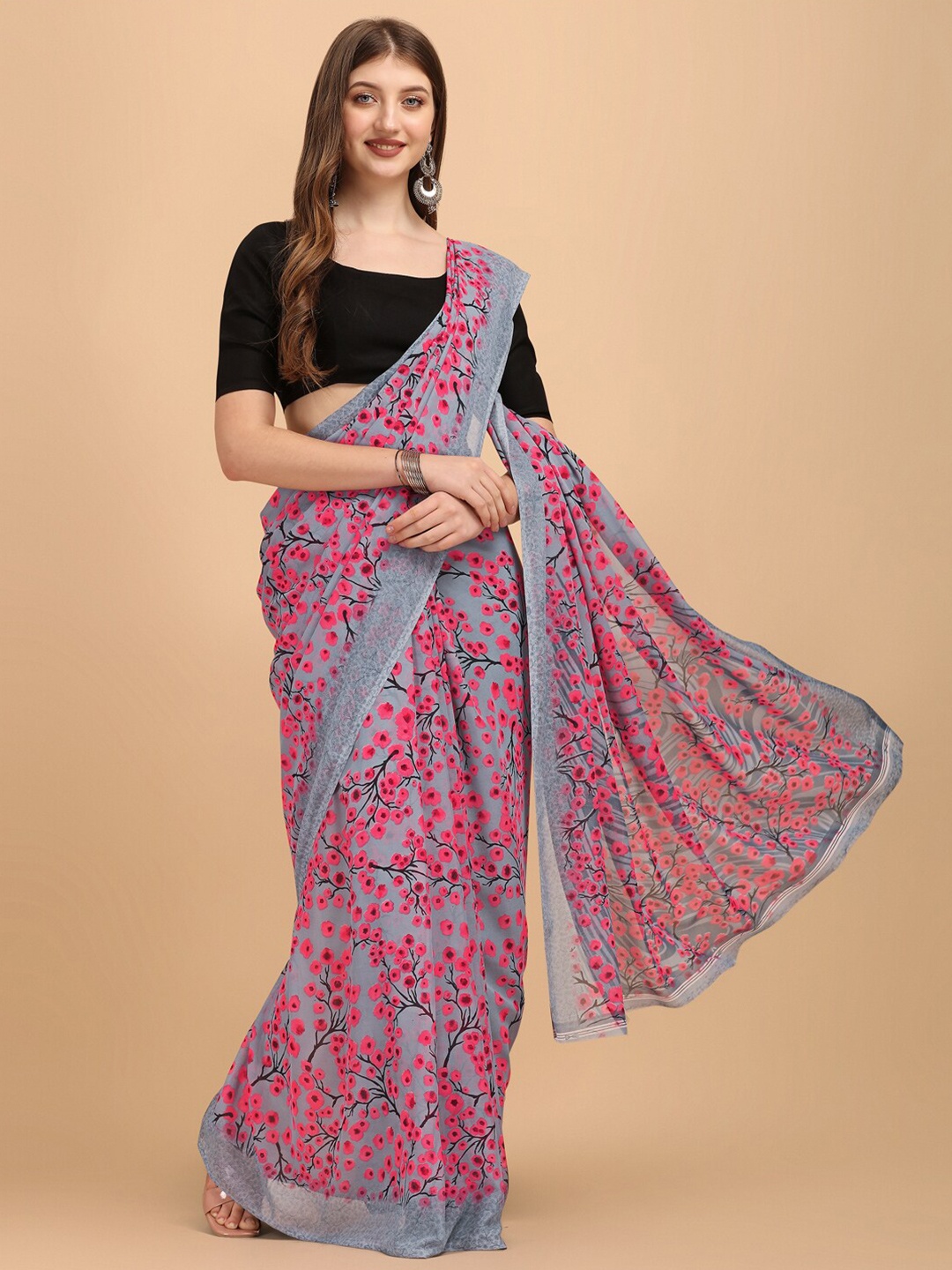 

Sangria Grey & Magenta Floral Saree