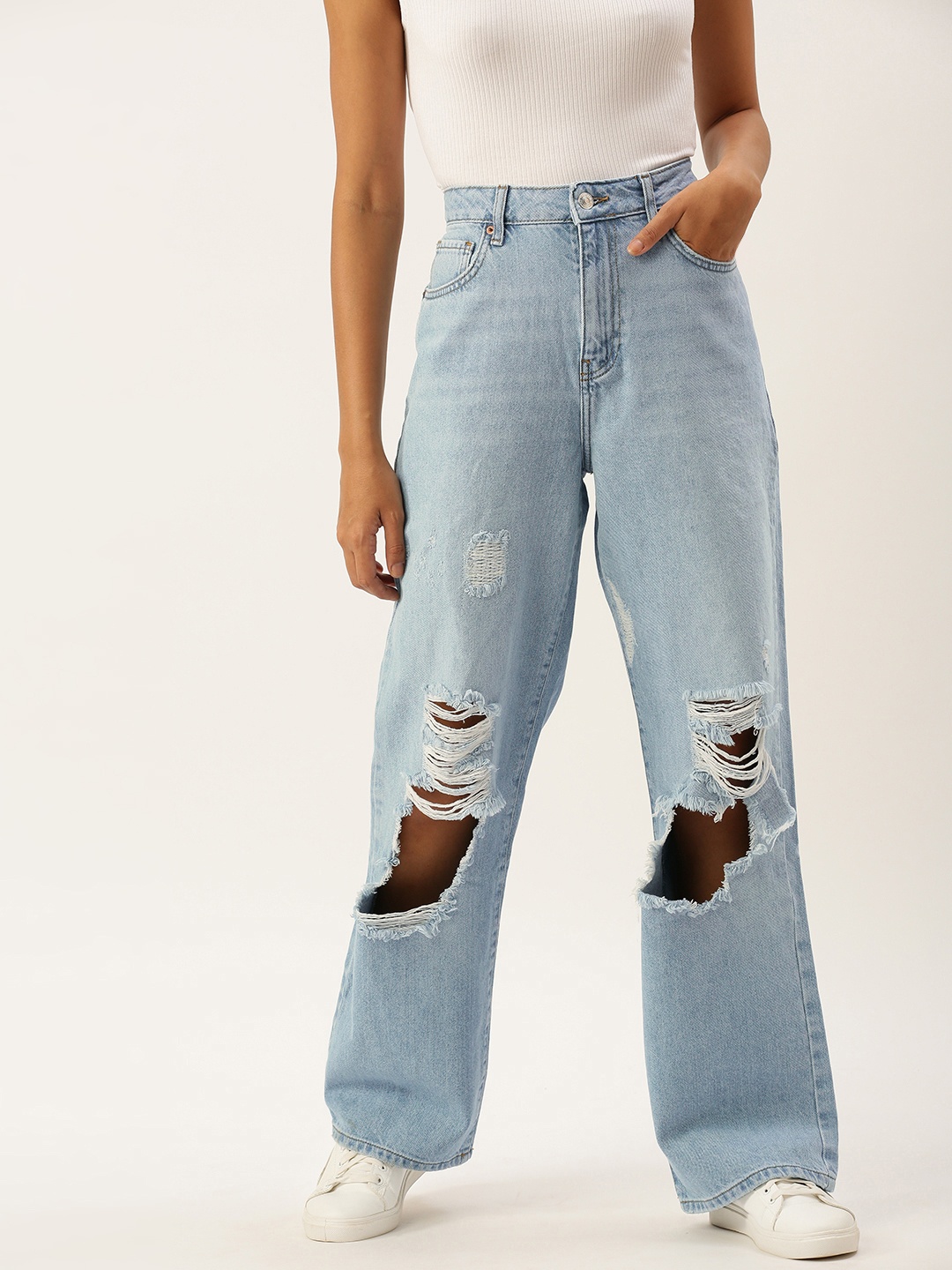 

FOREVER 21 Women Light Blue High-Rise Highly Distressed Jeans