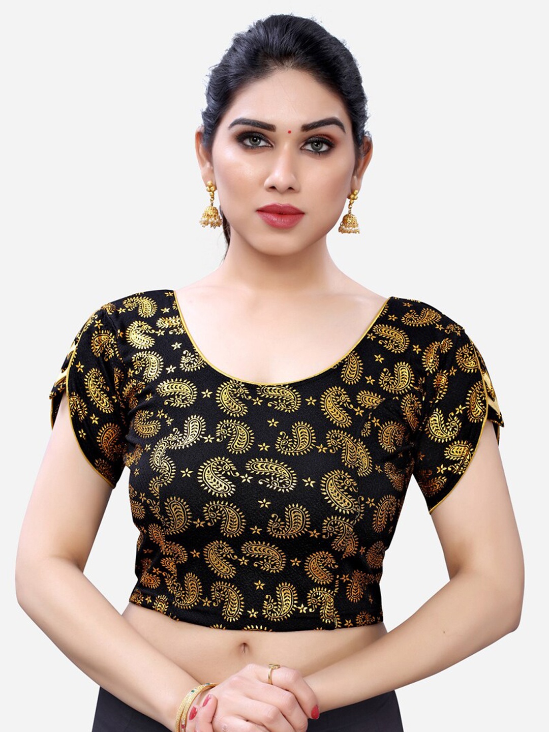 

SIRIL Women Black & Gold-Coloured Foil Printed Saree Blouse