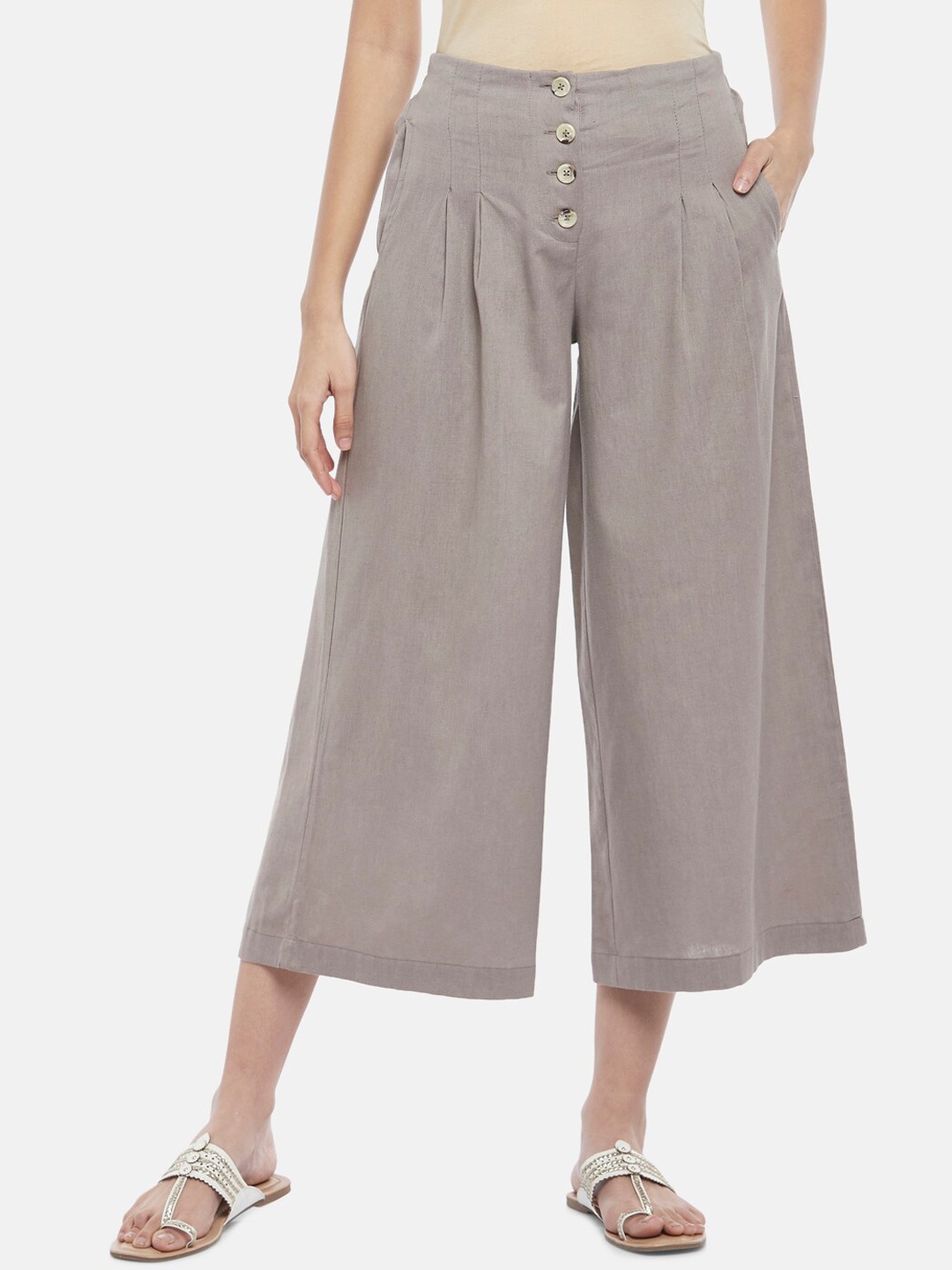 

AKKRITI BY PANTALOONS Women Grey High-Rise Cotton Pleated Culottes Trousers