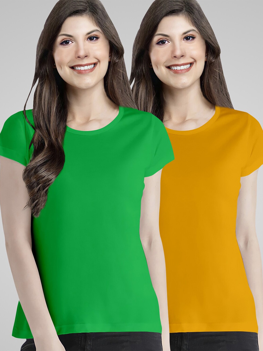 

Pootlu Women Pack of 2 Solid Pure Cotton T-shirts, Mustard