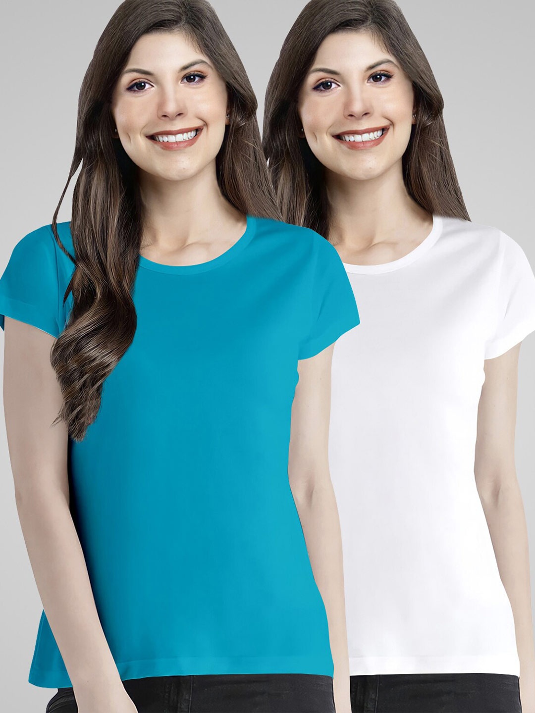 

Pootlu Women Blue & White Pack of 2 Solid Pure Cotton T-shirt