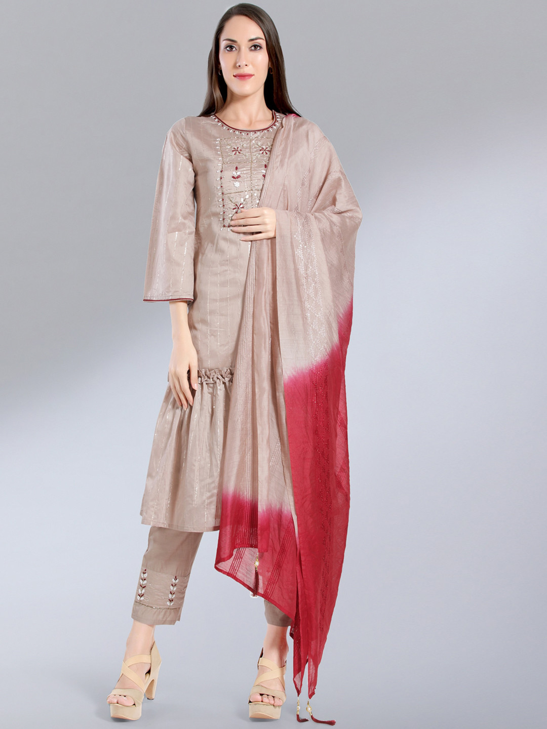 

MADHURAM Women Brown Embroidered Chanderi Silk Kurta Set