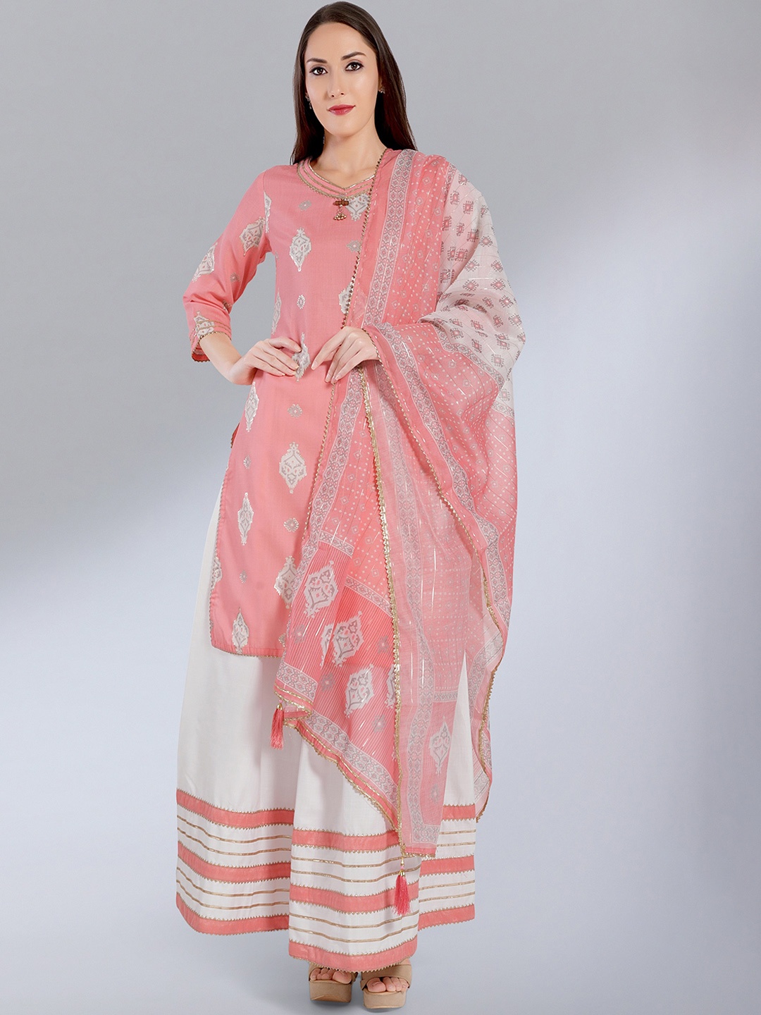 

MADHURAM Women Pink Printed Kurta with Palazzos & With Dupatta