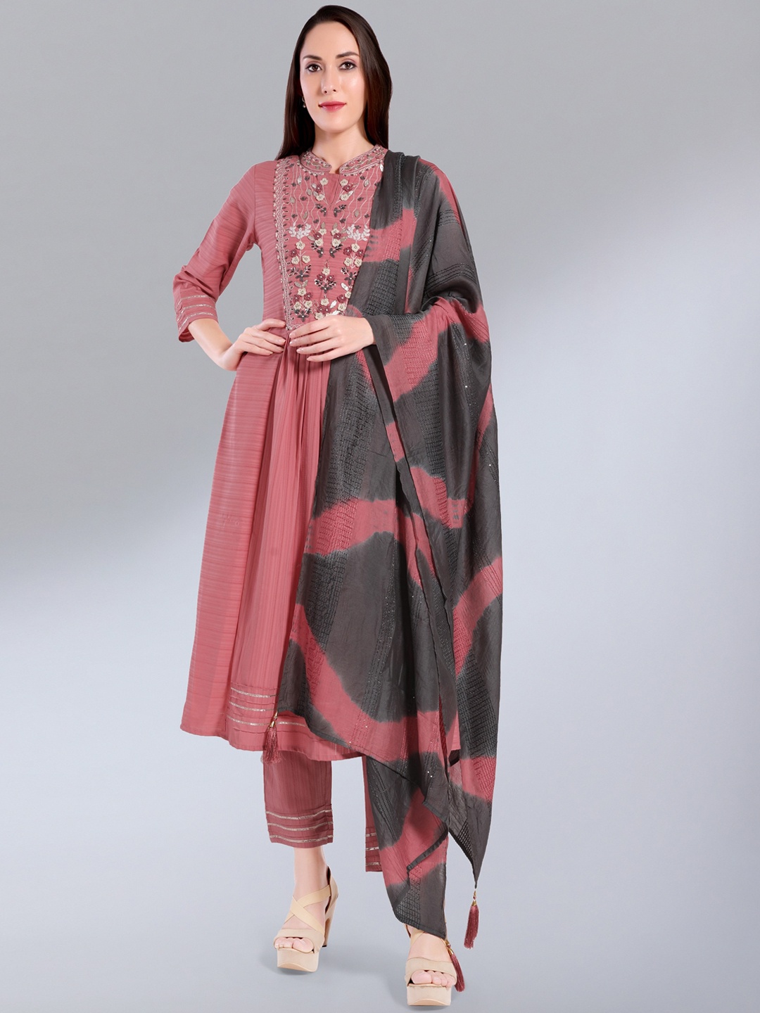 

MADHURAM Women Rust Striped Kurta with Churidar & With Dupatta
