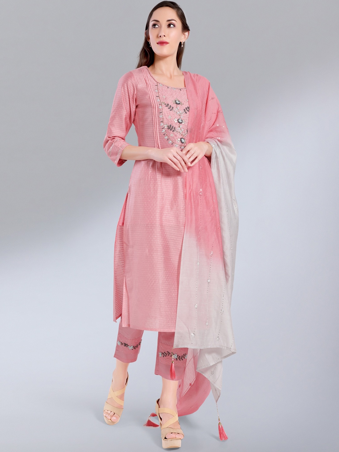 

MADHURAM Women Pink Chanderi Silk Kurta with Palazzos & With Dupatta