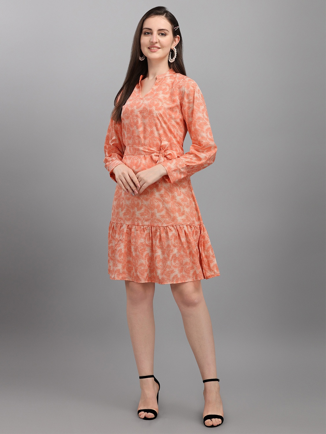 

Wedani Orange Floral Linen Chiffon A-Line Dress