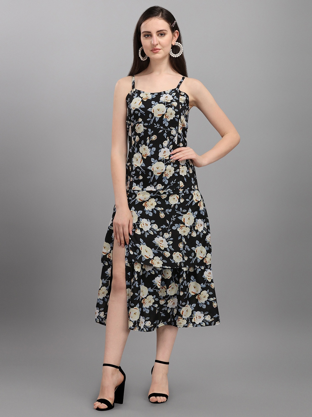 

Wedani Black Floral Linen Chiffon A-Line Midi Dress