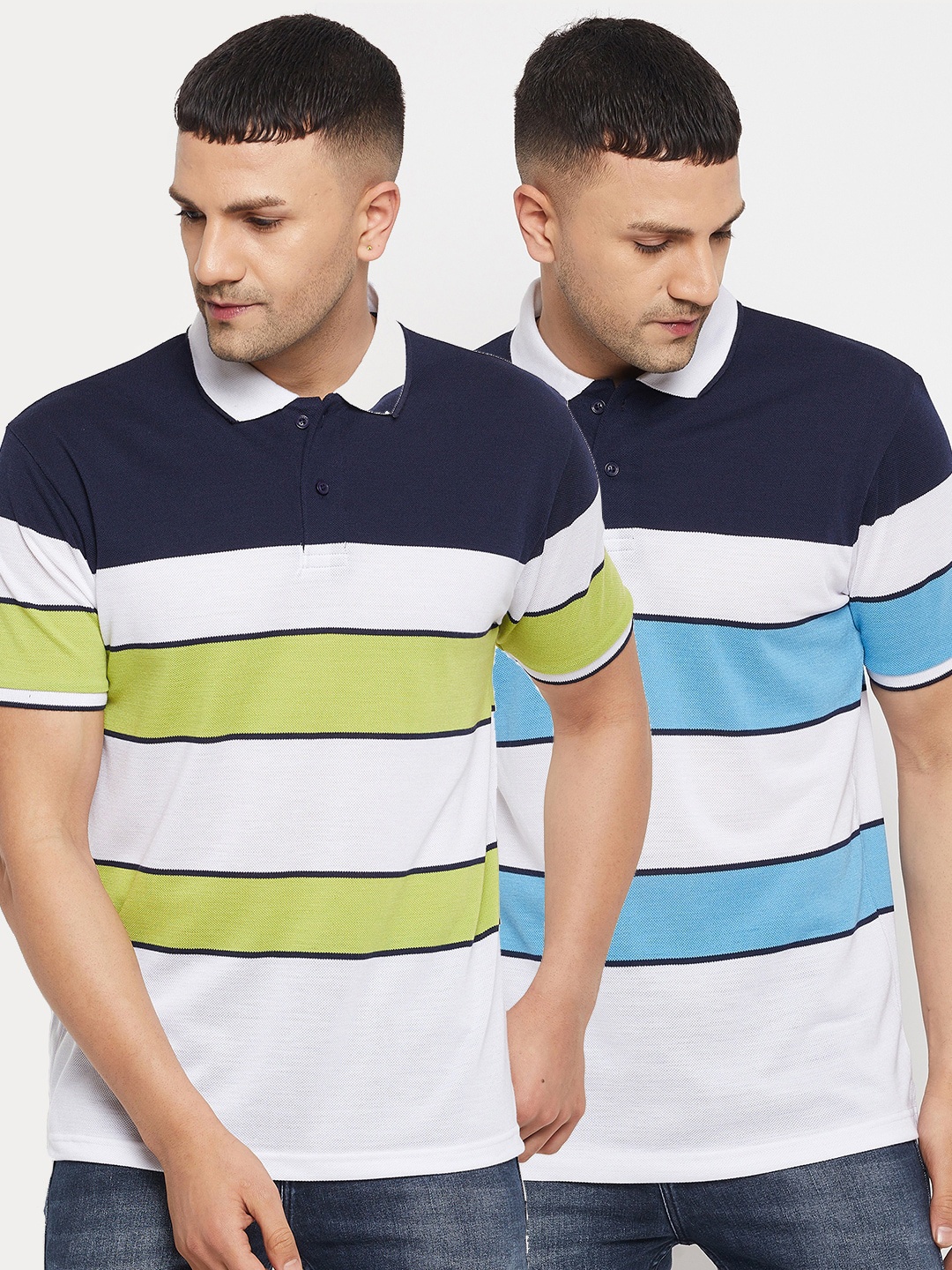 

Parcel Yard Pack of 2 Men White & Navy Blue Printed Polo Collar Cotton T-shirt