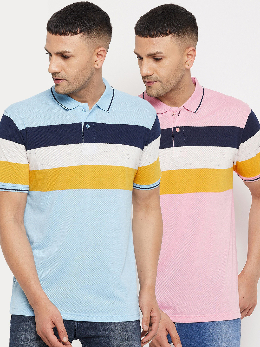 

Parcel Yard Men Pack of 2 Striped Polo Collar T-shirt, Blue