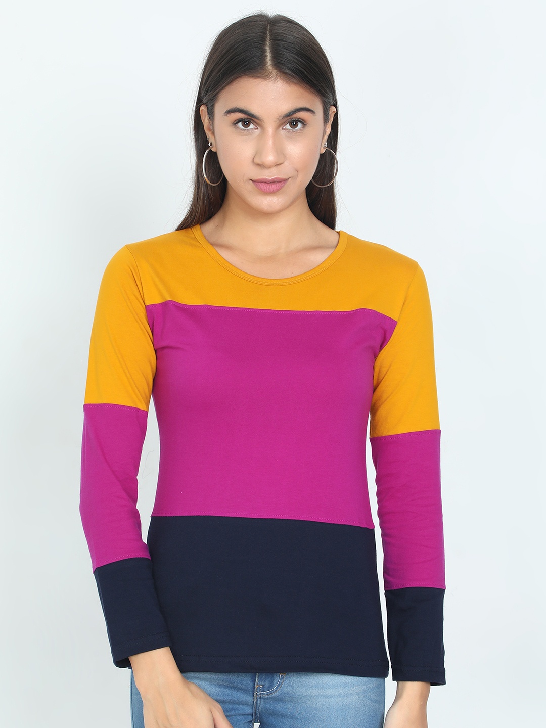 

Fleximaa Women Magenta & Yellow Colourblocked T-shirt