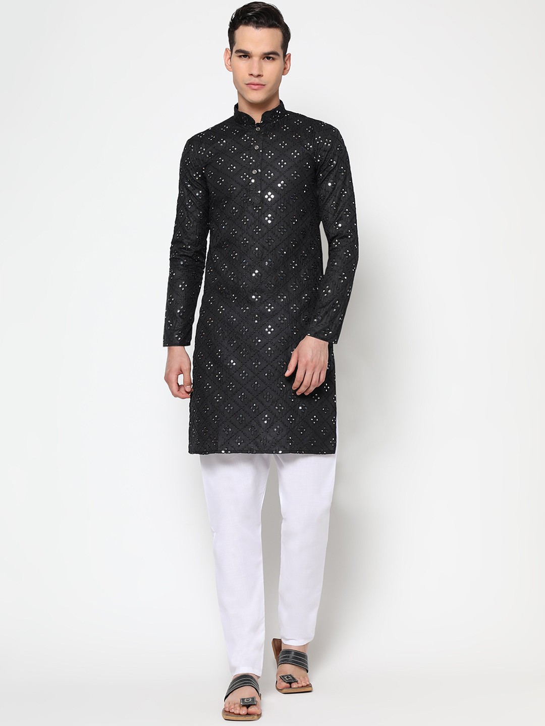 

Tasarika Men Black Mirror Work Pure Cotton Kurti with Pyjamas