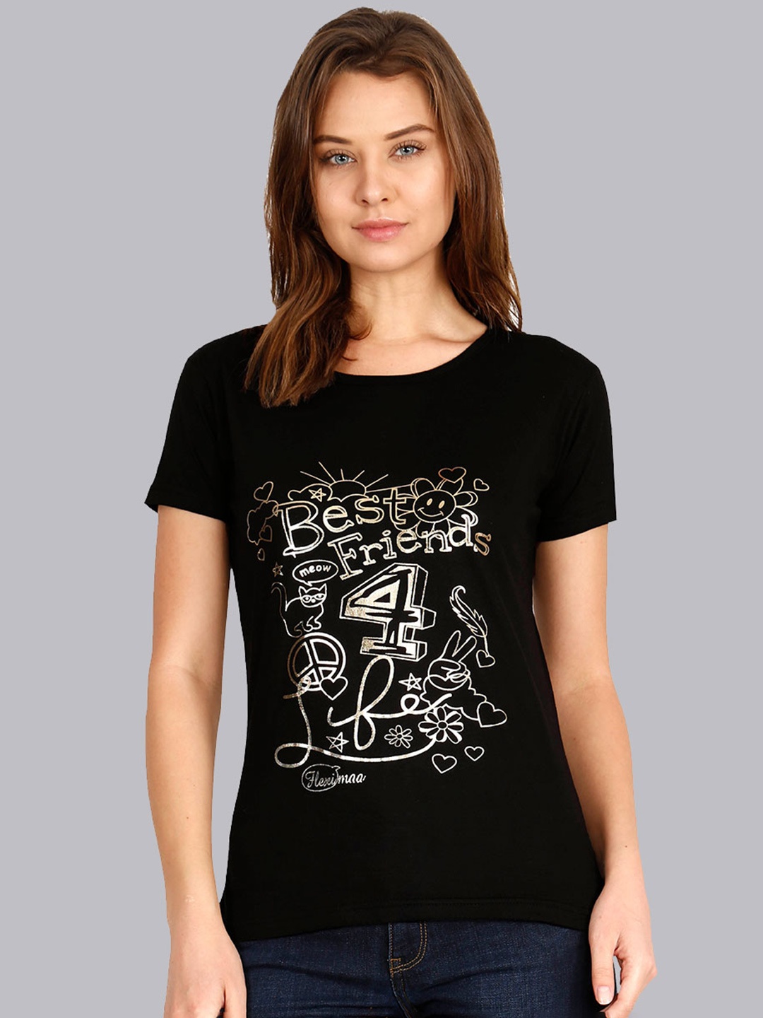 Fleximaa Women Black Typography Printed T-shirt