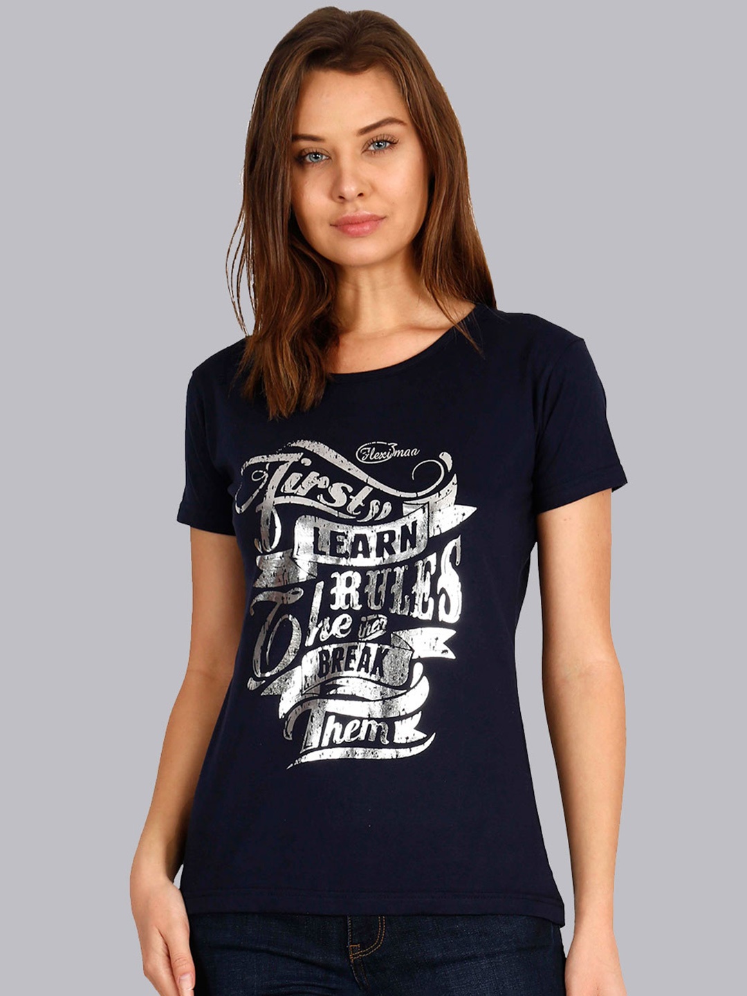 

Fleximaa Women Navy Blue Typography Printed Applique T-shirt
