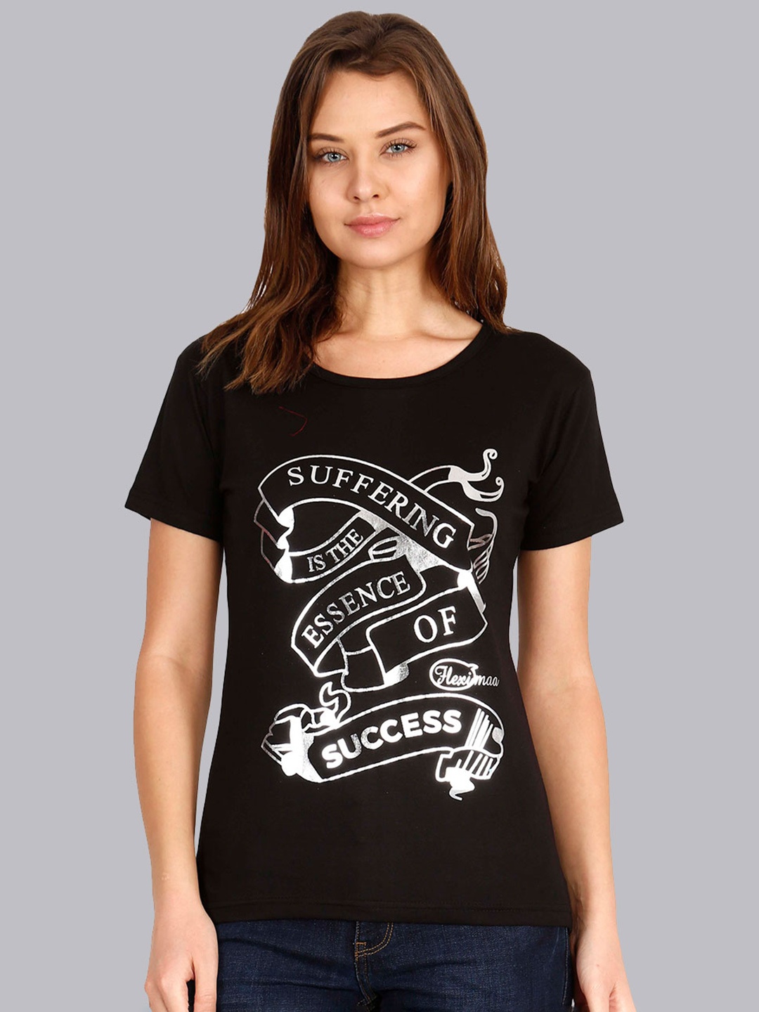 Fleximaa Women Black Typography Printed T-shirt