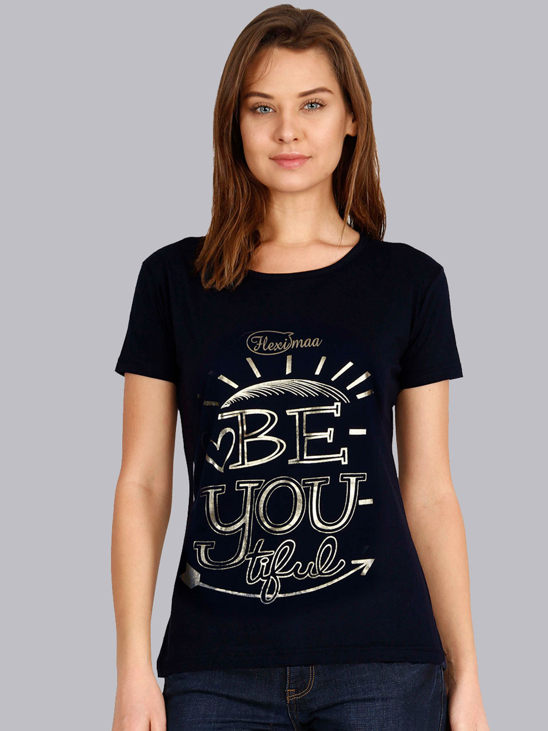 

Fleximaa Women Navy Blue Typography Foil Printed Cotton T-shirt