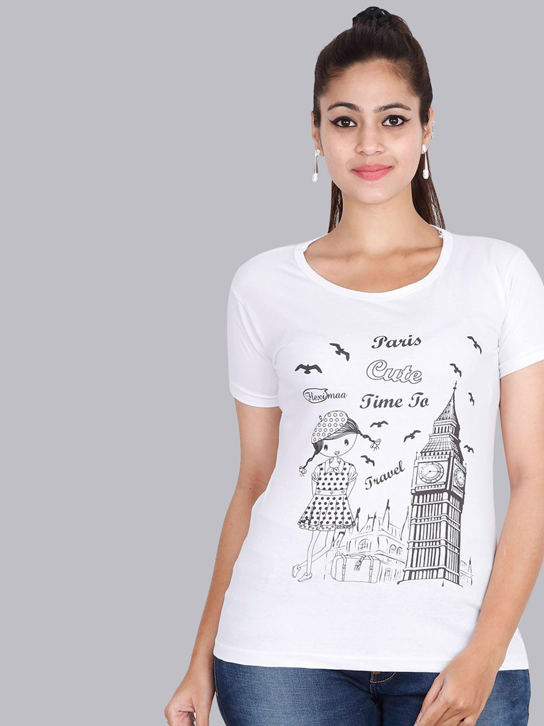 

Fleximaa Women White Printed Round Neck T-shirt
