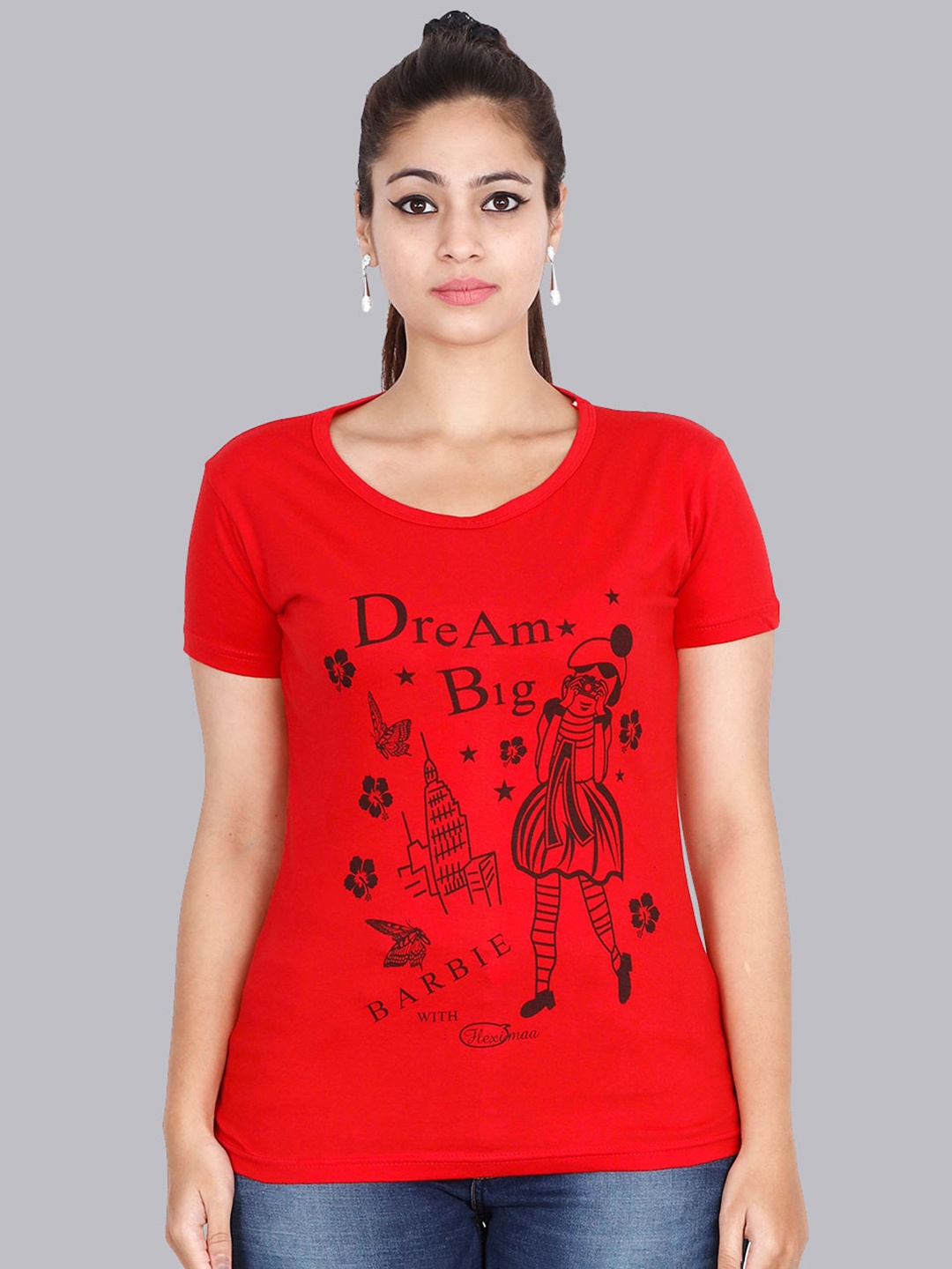 

Fleximaa Women Red Printed Cotton T-shirt