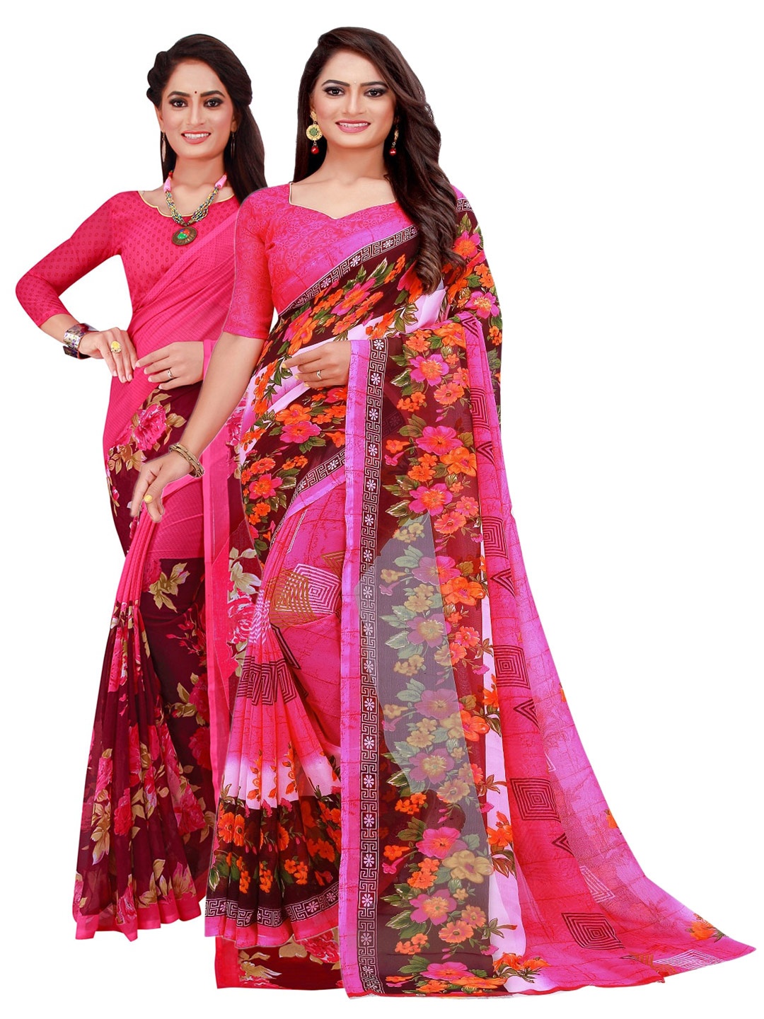 

KALINI Pack of 2 Pink & Maroon Floral Pure Georgette Saree