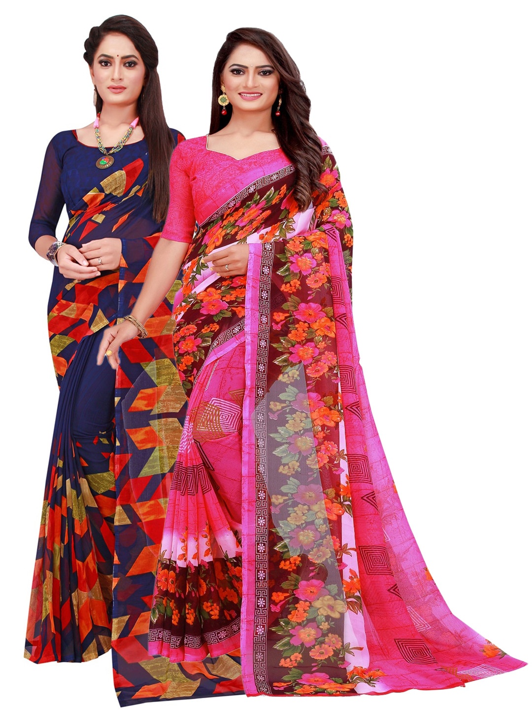 

KALINI Pack Of 2 Navy Blue & Pink Floral Pure Georgette Saree