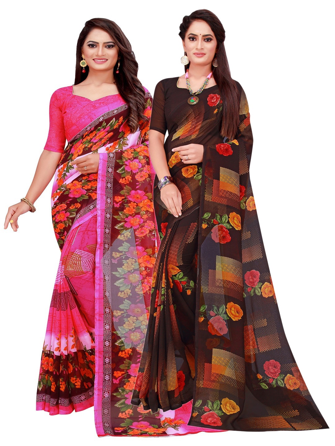 

KALINI Pink & Black Set of 2 Pure Georgette Saree