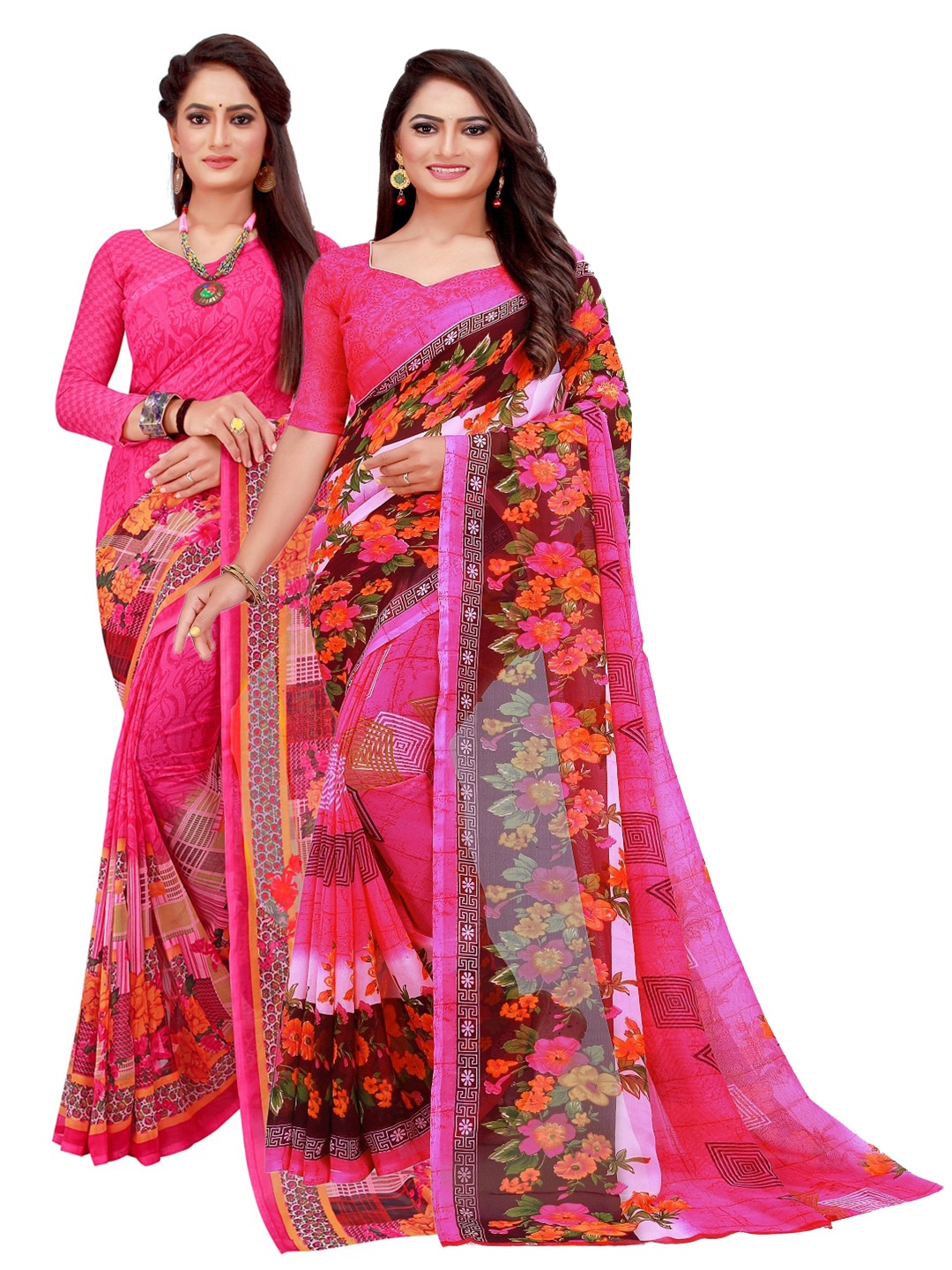 

KALINI Pack of 2 Floral Pure Georgette Sarees, Pink