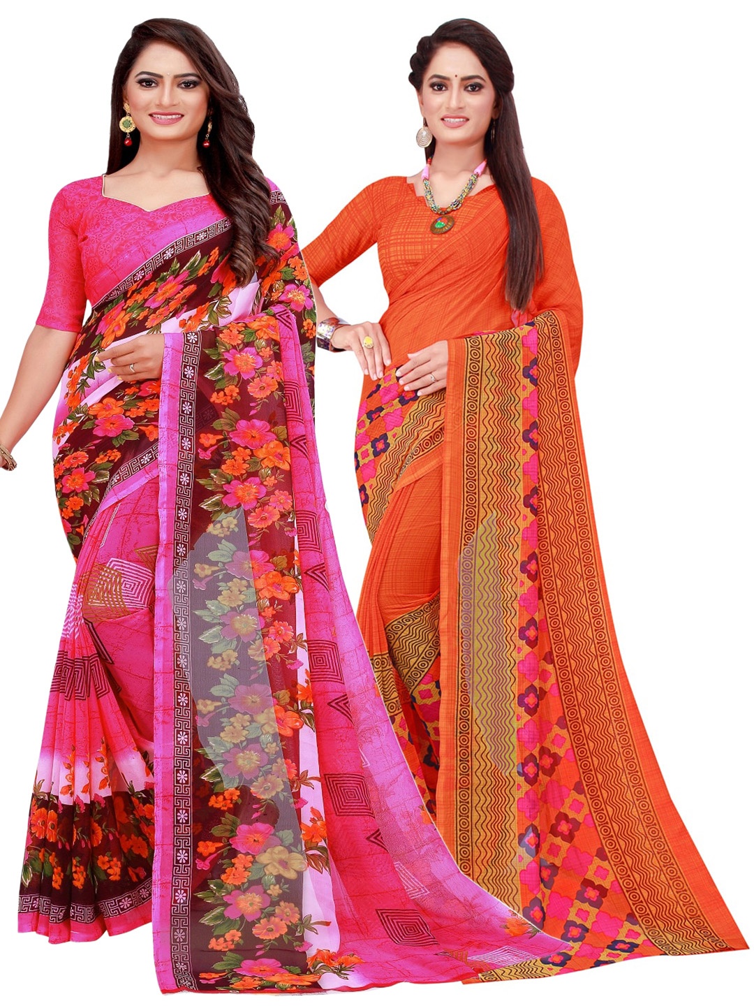 

KALINI Orange & Pink Set of 2 Pure Georgette Saree