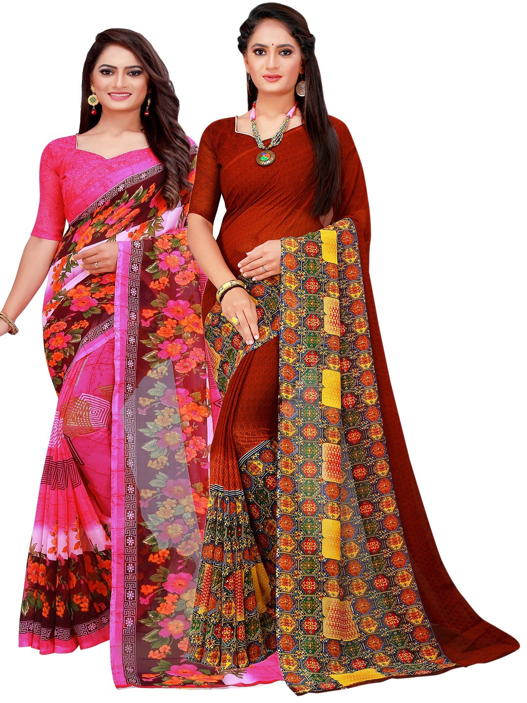 

KALINI Pack Of 2 Pink & Maroon Floral Pure Georgette Saree