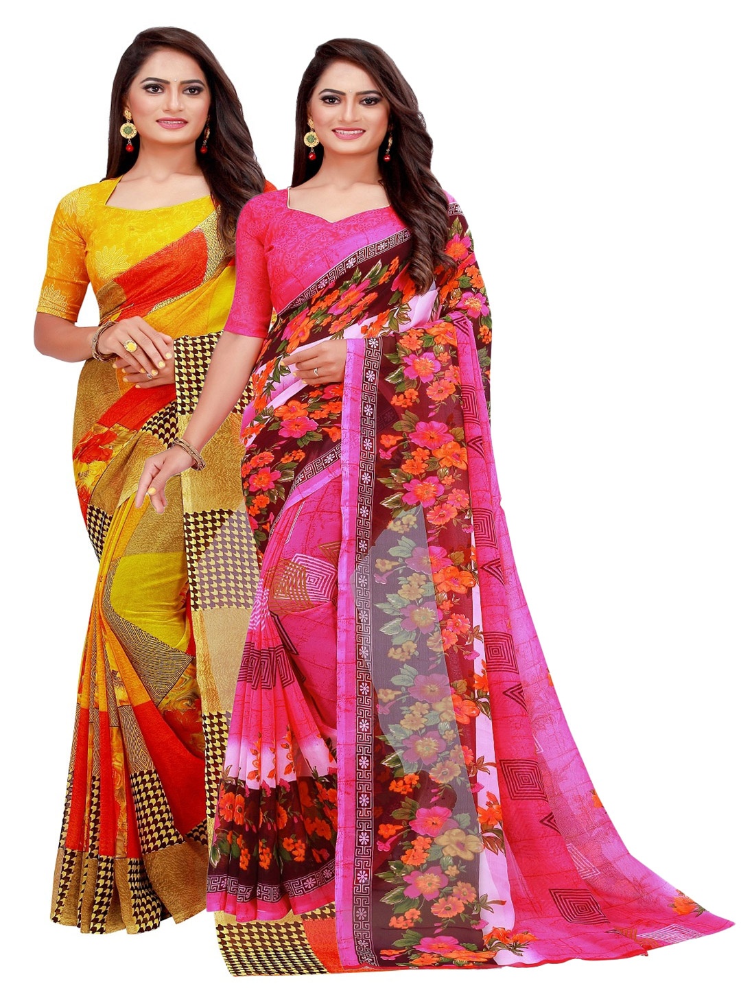 

KALINI Pack Of 2 Pink & Yellow Floral Pure Georgette Saree