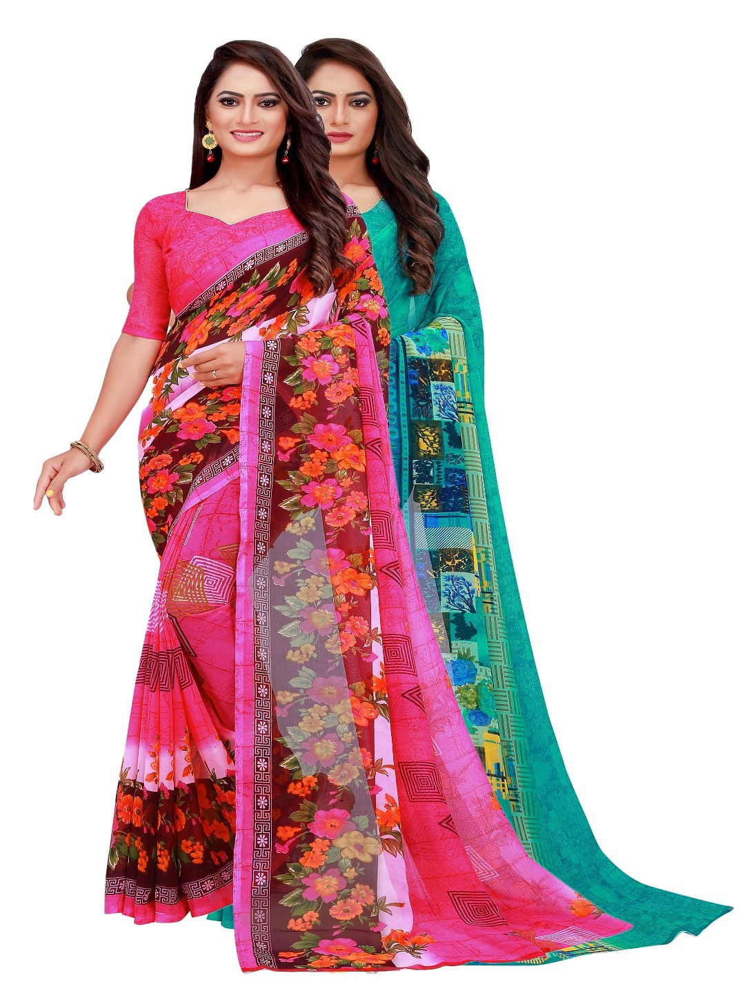 

KALINI Pack of 2 Green & Pink Printed Pure Georgette Saree