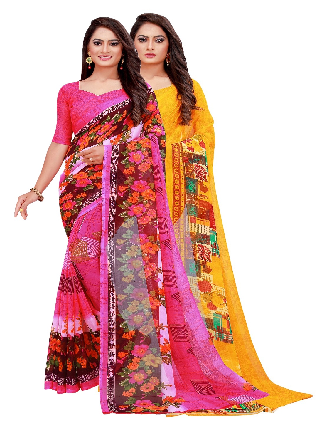 

KALINI Pack of 2 Floral Pure Georgette Sarees, Pink