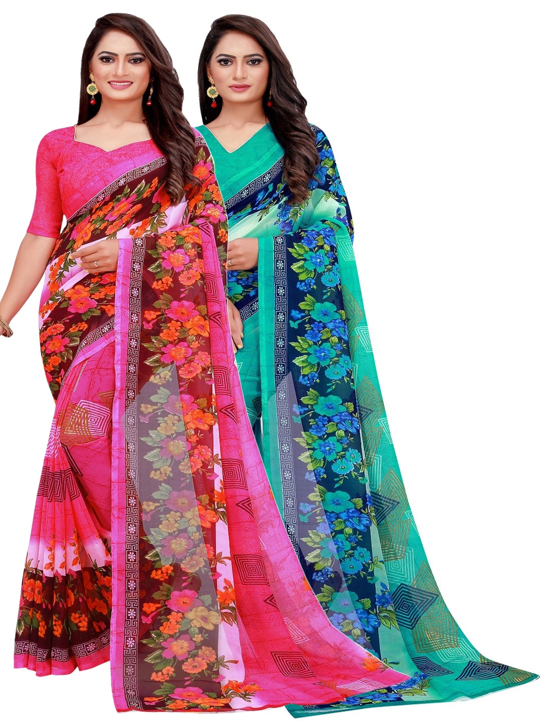 

KALINI Pink & Sea Green Set of 2 Pure Georgette Saree